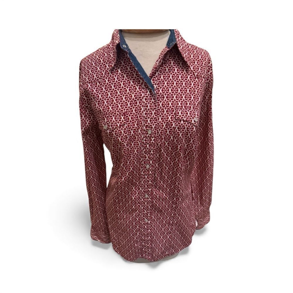 Roper Women’s Western Pearl Snap Shirt Red Scroll Print Size L